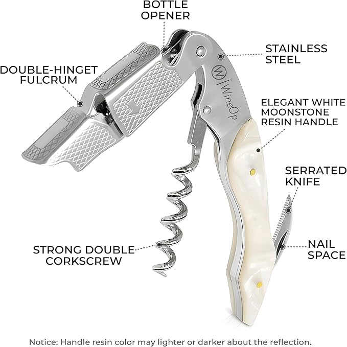 WineOp Professional Wine Opener Luxury Double Hinged Waiter's Corkscrew Wine Bottle Key - Cork screwer for Servers, Bartenders, Sommelier and Home Use | All-In-One Stainless Steel (White Resin)