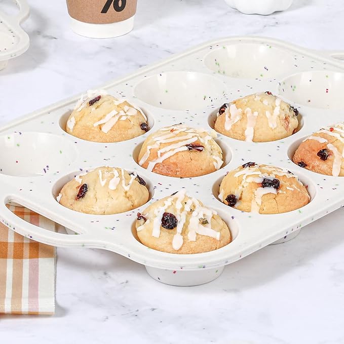 FUNBAKY Silicone Cupcake Pan, Metal Reinforcement Regular Size 12 Cups & Mini 24 Cups Nonstick Easy to Demold Baking Mold for Making Homemade Muffins
