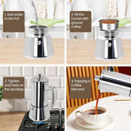 2 Cup Thickened Moka Pot 304 Stainless Steel 100ml Italian Espresso Coffee Maker Stovetop CoffeeMakers Mocha Pot Percolator for Induction Stove Classic Cafe Makers Portable for Easy Brewing