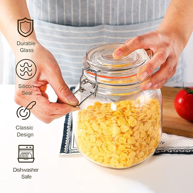 Encheng 32 oz Glass Food Storage Jars with Airtight Lids,Clear Airtight Canister with Leak Proof Rubber Gasket,1000 ml Square Large Mason Jars with Clamp Lids for Canning,Cereal,Beans,6 Pack
