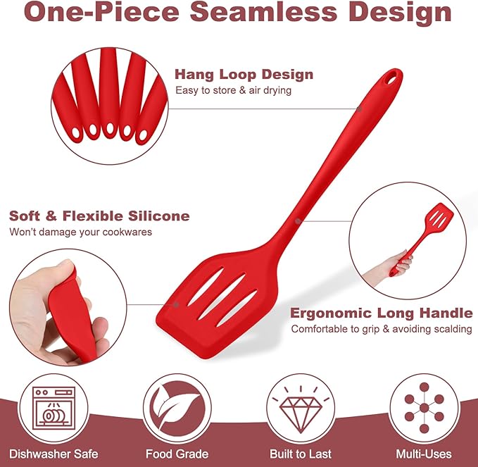 TeamFar Kitchen Utensils, 7 PCS Silicone Cooking Baking Utensil, Non-Stick Kitchen Gadgets with Ladle Spatula Spoon Turner Pasta Server, Non-Toxic & One Piece, Heat Resistant & Dishwasher Safe-Red