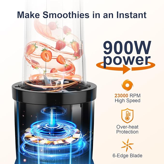 KOIOS Smoothie Blender, 900W Personal Blender for Shakes and Smoothies for Kitchen with 2 Portable Cups 22oz, Single Serve Smoothies Maker Mixer for Juices, Nutritious Recipe, Grey Blue