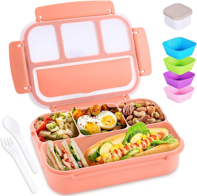 Bento Box Adult Lunch Box, Lunch Containers for Kids Girls Boys with 4 Compartments, Lunchable Food Container with Utensils, Sauce Jar, Muffin Liners, 40 Oz/5 Cup, Microwave & Dishwasher Safe, Pink