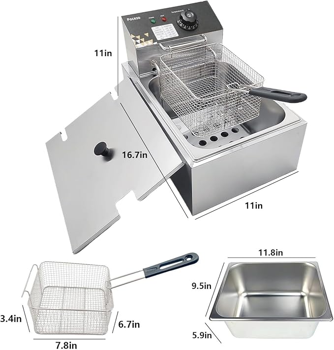 Electric Deep Fryer 10L/10.5QT Stainless Steel Single Tank Commercial Fryer with Basket, 1700W 110V Countertop Deep Fryer for Home Kitchen and Restaurant Use with Oil Thermometer & Temperature Control