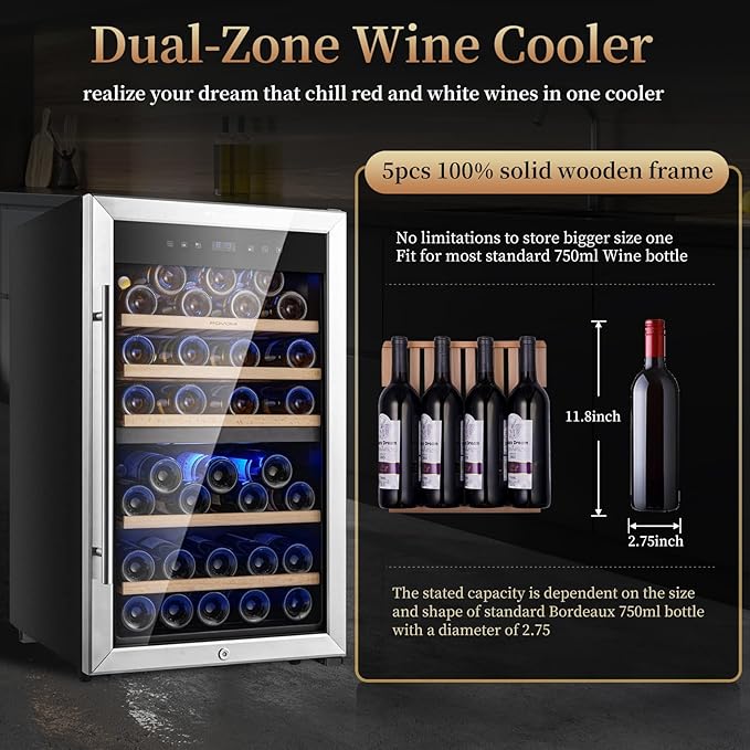 Wine Fridge,52-bottle Wine Cooler Refrigerators Freestanding Wine Refrigerator,(Bordeaux 750ml) Dual Zone Compressor Wine Chiller