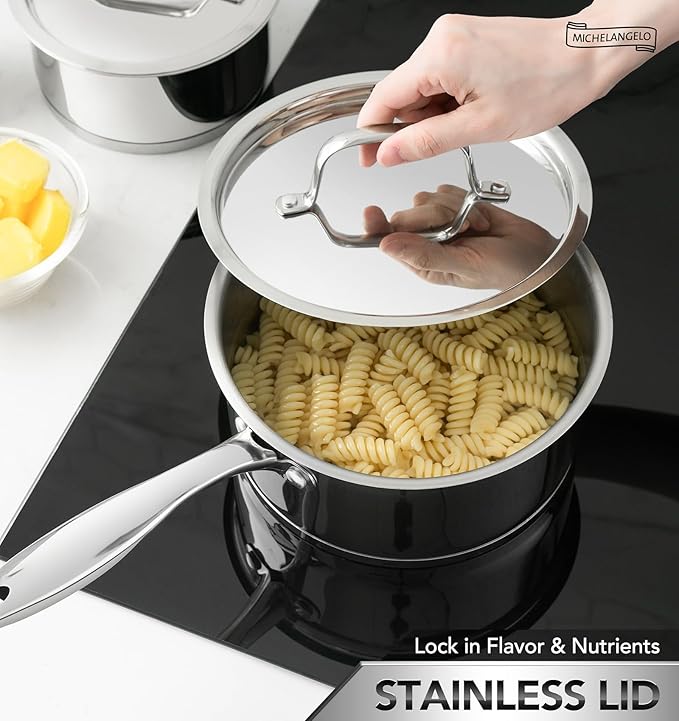 MICHELANGELO Stainless Steel Saucepan Set with Stainless Lids, Tri-Ply Bottom Sauce Pan with Lid, Sauce Pot Set 1QT & 2QT, Nonstick Saucepan, Dishwasher Safe