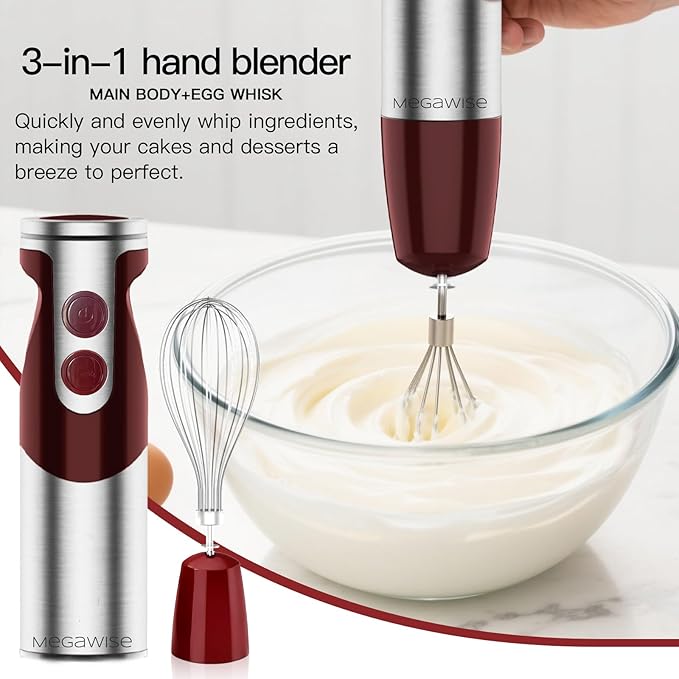 3- in-1 Immersion Hand blender, Powerful MOTOR & Stainless Steel Stick Blender, 4 Sharp Blades with Whisk, Milk Frother Attachments