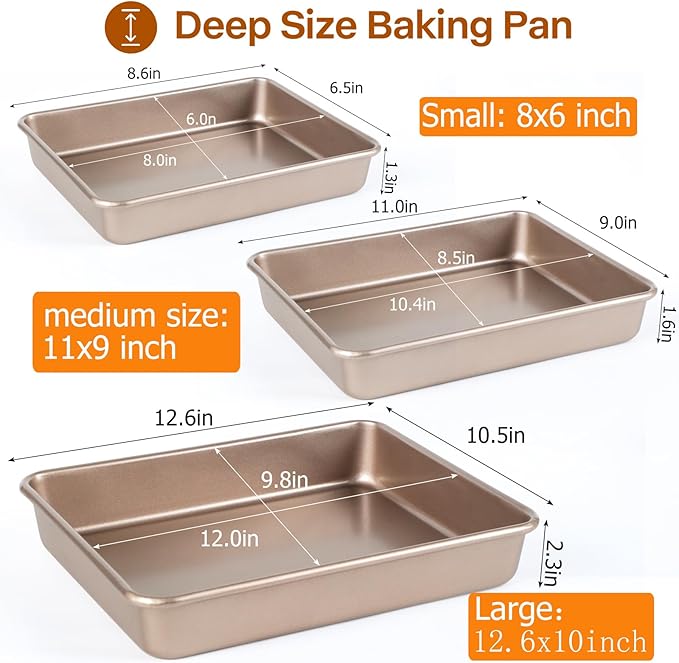 Deep Baking Pans Set, 3-Pieces Rectangle Cake Pan, Nonstick Roasting Pans Set for Thanksgiving Christmas, 9/11/13 Inch, Toaster Oven Tray Bakeware Set, Lasagna Pan Deep Size, Heavy Duty, Gold