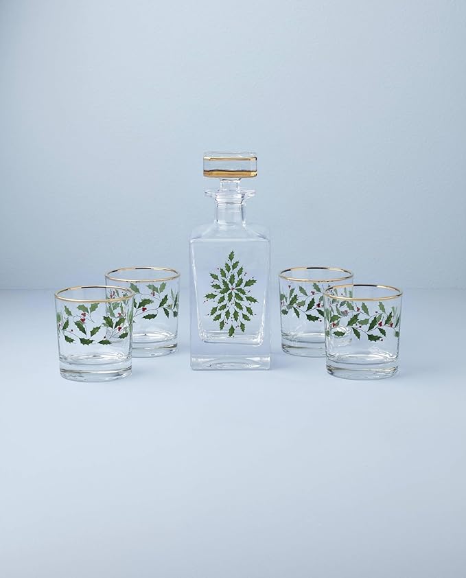Lenox 896709 Holiday 5-Piece Decanter & Whiskey Glass Set, Christmas Dinnerware, Hosting