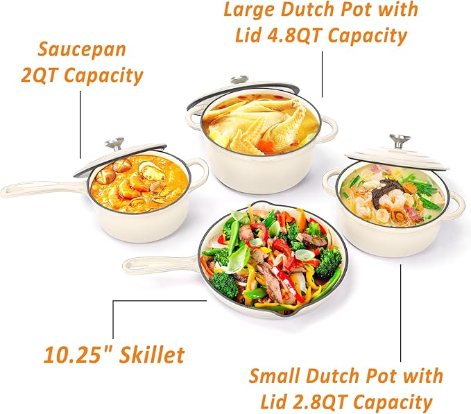 Hisencn Enameled Cast Iron Cookware Set - 7-Piece Ceramic Coated Cast Iron Cookware Set, Dutch Ovens, Sauce Pan, Skillet, 3 Lids, Heavy Duty Cookware, Gas/Induction Compatible, PFA Free, Cream White