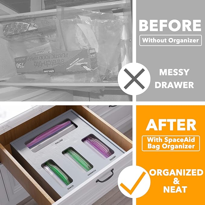 SpaceAid Bag Storage Organizer for Kitchen Drawer, Bamboo Organizer, Compatible with Gallon, Quart, Sandwich and Snack Variety Size Bag (1 Box 4 Slots), Gray