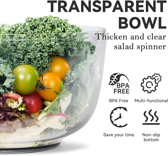 KEOUKE Manual Salad Spinner - Hand-Crank Vegetable & Lettuce Dryer for Washing, Spinning, and Draining Greens, Fruits, and Vegetables - Food-Grade Material, Easy-Clean Detachable Parts 4.2Qt.