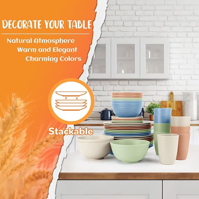 40 PCS Wheat Straw Dinnerware Sets Unbreakable Dishes Set for 8 Plastic Plates and Bowls Sets with Cups Dishwasher & Microwave Safe - Colorful