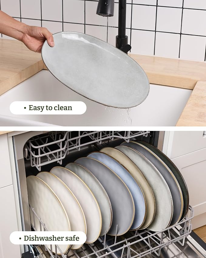 famiware Serving Platter, Oval 15.59/14.3/12.9inch Serving Dishes for Entertaining, Serving Bowls, Reactive Glaze, Stoneware Serving Trays for Party, Food, Turkey, Cheese, Ocean Series, Grey