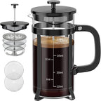QUQIYSO French Press Coffee Maker 304 Stainless Steel French Press with 4 Filter, Heat Resistant Durable, Easy to Clean, Borosilicate Glass Coffee Press, 100% BPA Free Glass Teapot, 21 ounce, Black
