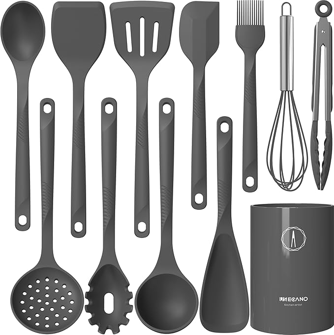 Silicone Cooking Utensils Set - 600°F Heat Resistant, Nonstick Kitchen Utensil Set with Spatulas, Spoons, Whisk, Tongs, BPA Free, Dishwasher Safe (Gray)