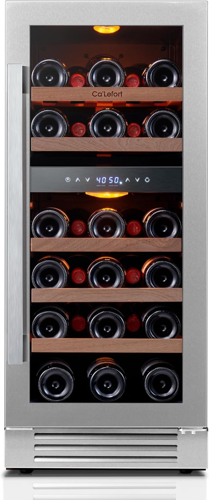 Ca'Lefort 15 Inch Wine Fridge, 28 Bottle Wine Cooler Refrigerator, 40-65°F Wine Refrigerator Glass Door, 3 LED Dual Zone Wine Fridge, Built-in or Freestanding Fridge for Home/Bar/Kitchen (3.0 cu.ft)