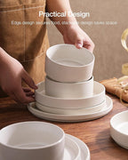 Famiware Star Dinnerware Set with Pasta Bowls, Service for 6 (24 Pieces), Ribbed Stoneware Plates and Double Bowls Sets - Chip & Scratch Resistant, Microwave & Dishwasher Safe Dishes, Matte White