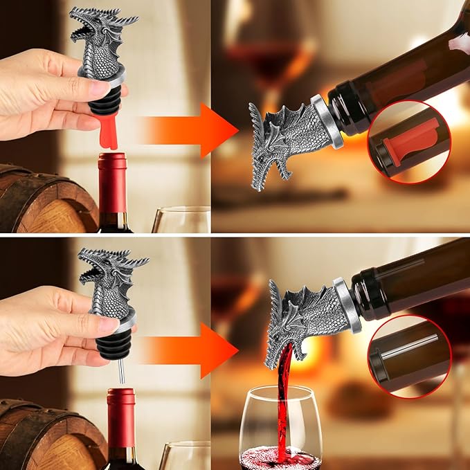 Dragon Head 2-In-1 Wine Bottle Pourer and Stopper, Gifts for Men Women Dragon Fans, Liquor Bottle Pourers Spout for Alcohol Spirits, Wine Accessories, Dark Silver