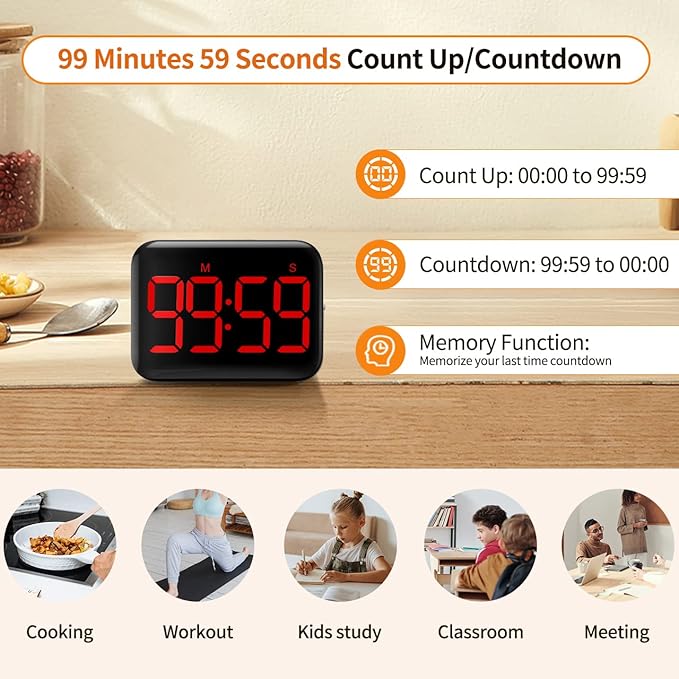 VOCOO Magnetic Kitchen Timer for Cooking with Count Up Countdown, Digital Timer Battery Powered with Large Display, 2 Brightness and Volume Levels for Classroom, Teacher, Kids (Red)