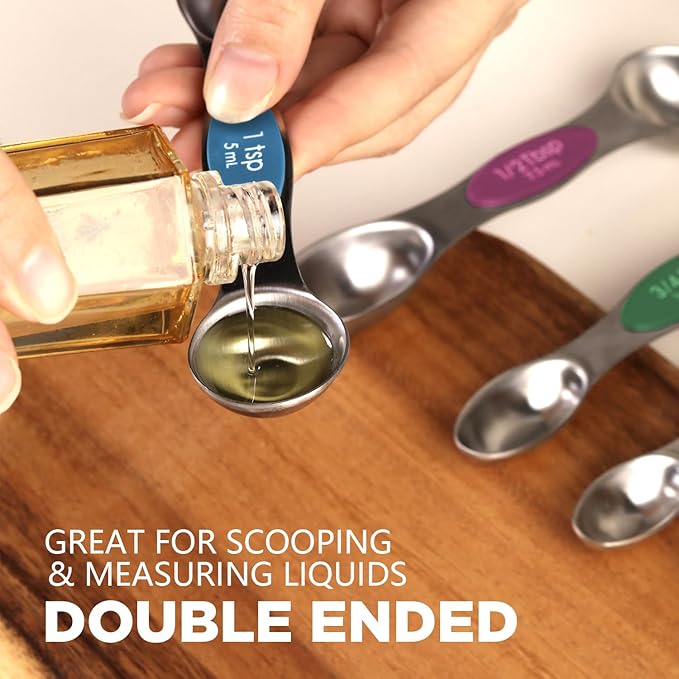 ChefAide Pack of 8 Stainless Steel Magnetic Measuring Spoons Set, Dual Sided, Stackable, Adjustable Teaspoon and Tablespoon Measure Spoon with Leveler, Kitchen Gadgets