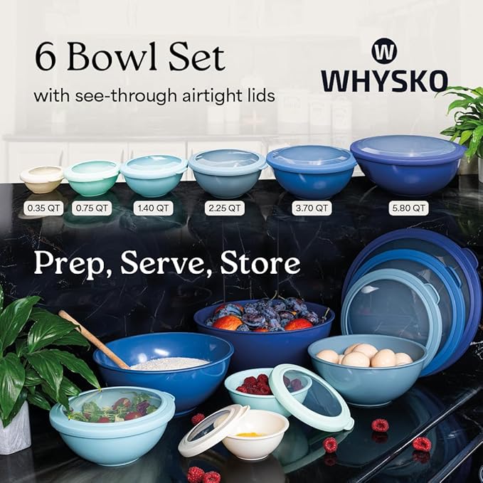 WHYSKO Mixing Bowl Set, 12 Piece Colorful Plastic Mixing Bowls with Lids Set for Food Prep Storage and Serving, Microwave and Dishwasher Safe for Kitchen Baking Cooking