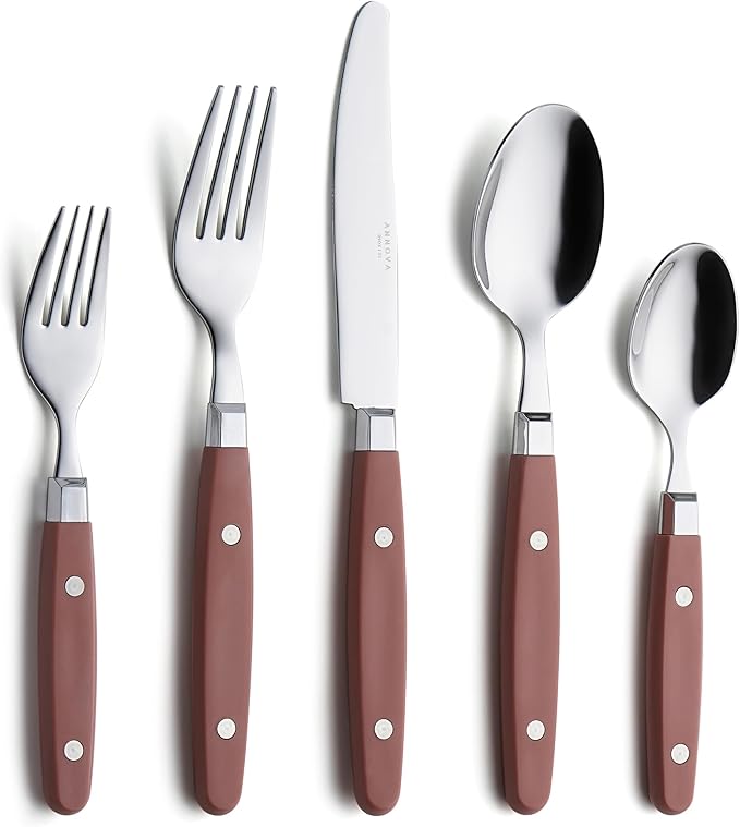 ANNOVA Silverware Set, Retro/Rivet Colorful Stainless Steel Tableware Kitchen Flatware Set Utensils, Includes Dinner Knives, Forks, Spoons, Salad Forks & Dessert Spoons (Brown, 20 Pieces)