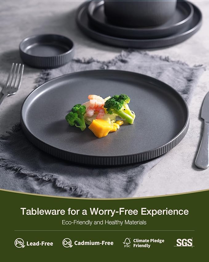 Famiware Star Dinnerware Set with Mugs, Service for 6 (24 Pieces), Ribbed Stoneware Plates and Bowls Dishes Sets - Chip & Scratch Resistant, Microwave & Dishwasher Safe, Matte Dark Charcoal