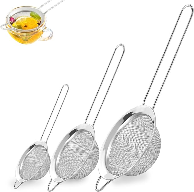 3Pcs Fine Mesh Strainer with Handle, Small Medium Large Size Sieve Strainers Set, Stainless Steel Sifter Colander for Kitchen Baking Juice Quinoa Food Flour