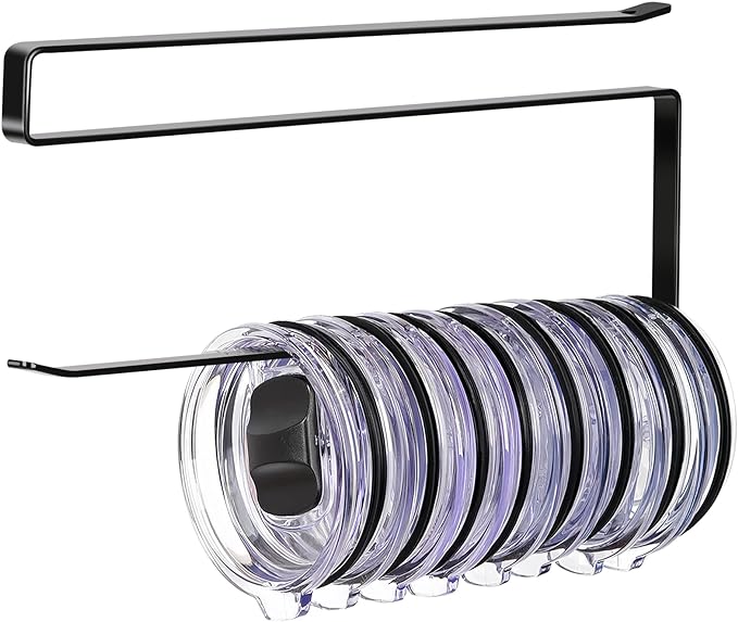 Tumbler Lid Organizer, Horizontal Tumbler Lid Storage Hook Up to 10 Lids, Space Saving Cup Lid Holders Under Cabinet Tumbler Lid Hook for Kitchen Organizer and Storage,Hanging Paper Towel Rack Hanger