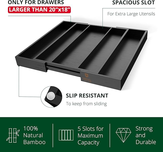 ROYAL CRAFT WOOD Luxury Bamboo Kitchen Drawer Organizer - Silverware Organizer - Utensil Holder and Cutlery Tray with Grooved Drawer Dividers for Flatware and Kitchen Utensils (5 Slot, Black)