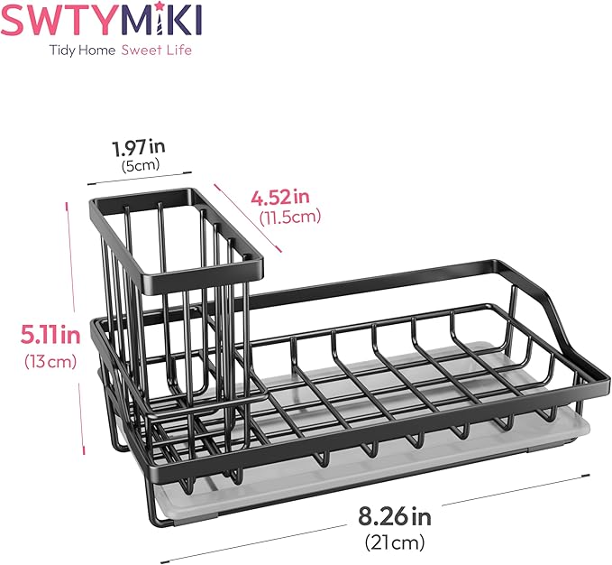SWTYMIKI Large Sink Caddy Kitchen Sink Organizer with Detachable Brush Holder, Stainless Steel Sponge Holder with Removable Drip Tray Sponge Caddy for Kitchen Countertop, Black
