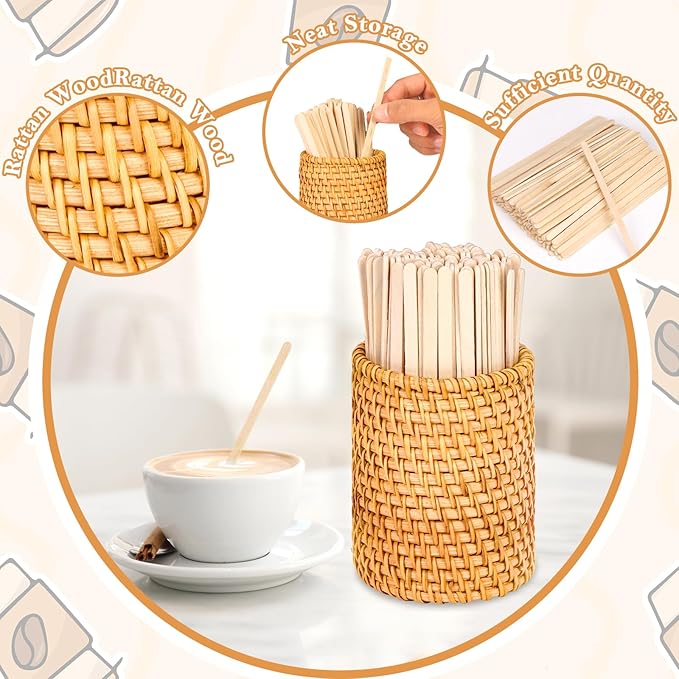100 Pcs Wood Rattan Coffee Stirrers Holder Set Coffee Stir Sticks Wood Cocktail Stirrers Disposable Beverage Stirrer Sticks 5 Inch Stirring Sticks For Coffee Bar Home Counter Hot or Cold Drinks Tea