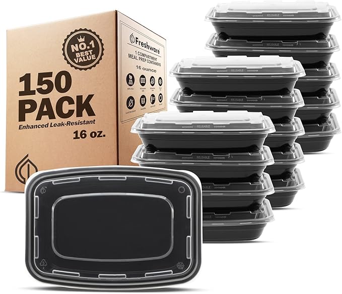 Freshware Meal Prep Containers [150 Pack] 1 Compartment with Lids, Food Storage Containers, Bento Box, BPA Free, Stackable, Microwave/Dishwasher/Freezer Safe (16 oz),Black