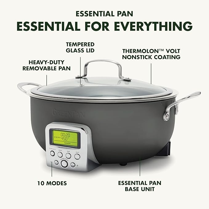 GreenPan Elite Essential Smart Electric 6QT Skillet Pot, Presets to Sear Saute Stir-Fry and Cook Rice, Healthy Ceramic Nonstick and Dishwasher Safe Parts, Easy-to-use LED Display, Graphite
