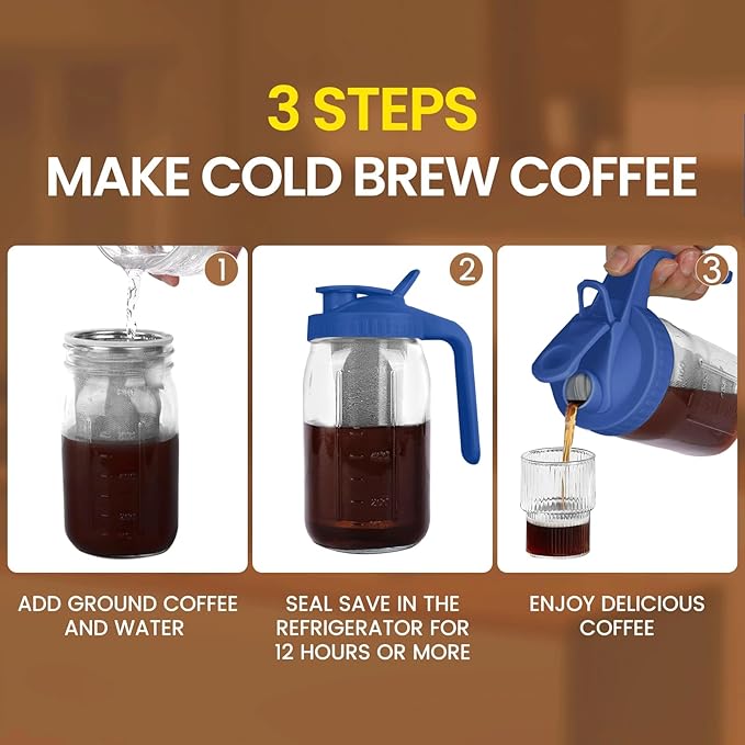 Cold Brew Coffee Maker,32 oz Mason Jar Pitcher with Stainless Steel Filter, Pour Spout Handle Lid, Heavy Duty Glass Airtight & Leak-Proof Pitcher for iced coffee Tea Lemonade-Blue