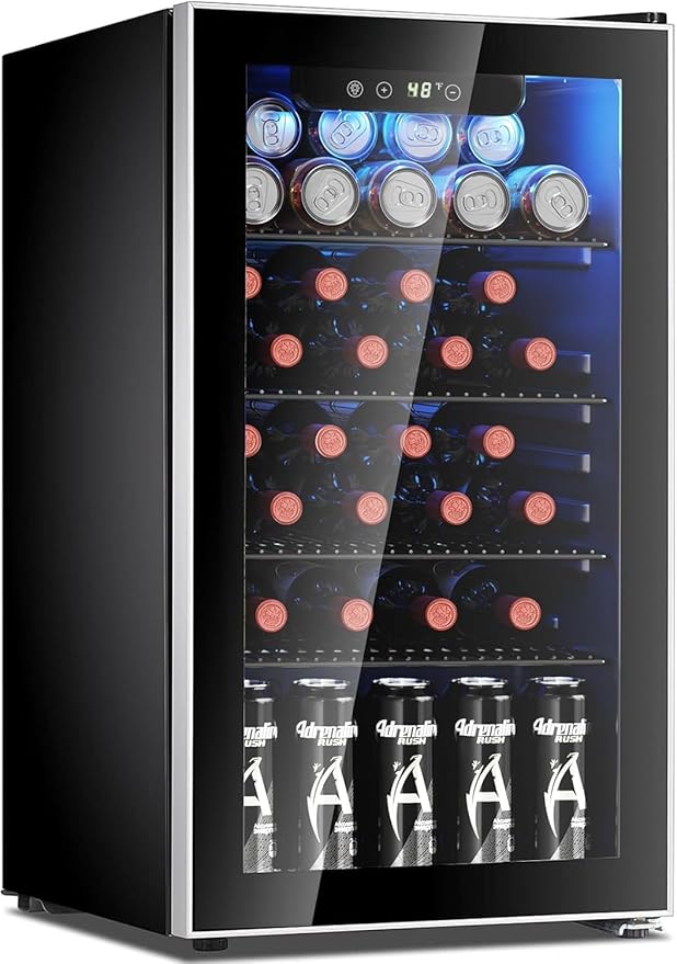 Antarctic Star 26 Bottle 130 Can Wine Cooler/Cabinet Refrigerator Mini Wine Cellar Beer Soda Clear Glass Door Bar Fridge Quiet Compressor Adjust Temp Freestanding Indoor Use 3.1cu.ft Black