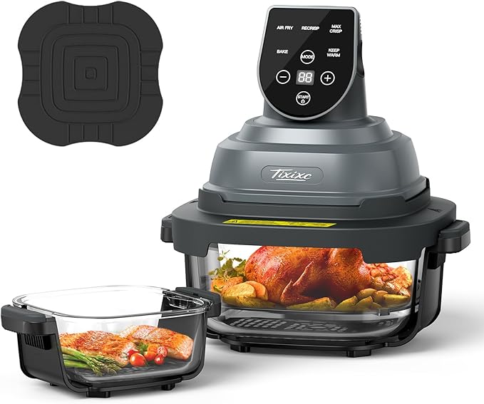 5-in-1 Portable Glass Air Fryer, 4QT & 6-Cup Glass Containers with Lids, Silicone Mat, 1500W Small Air Fryer, 90% Less Oil, Dishwasher/Freezer Safe for Single Servings, Family Meals