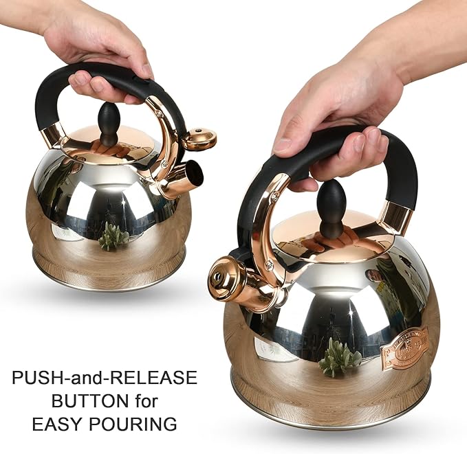 Stainless Steel Whistling Tea Kettle with Metal Capsulated Bottom for Quick Heat Distribution 2.8 Quart