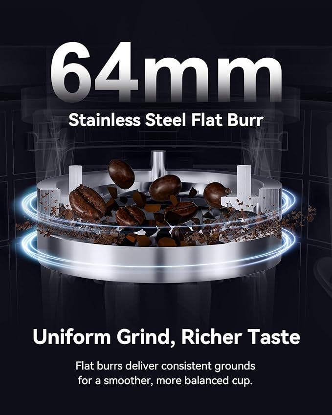 MOKKOM Professional 64mm Flat Burr Coffee Grinder with 100 Grind Settings, All-Metal Stainless Steel Body, Coffee Bean Grinder with Adjustable Electronic Timer, Anti-Static, LED Display