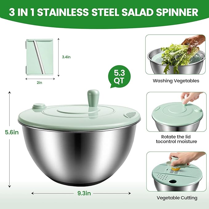 Stainless Steel Salad Spinner 3-in-1, One-Touch Stop and Non-Slip Base, Vegetable Dryer for Kitchens, Parties, and Health-Conscious People, 5.3 Qt