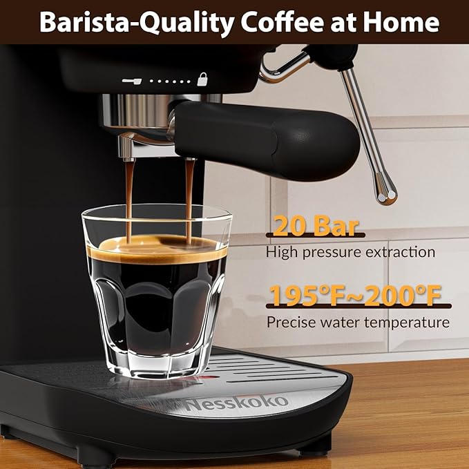 Espresso Machine with Steam Milk Frother Semi Automatic 20 Bar Compact Black with Touch Screen for home Cafetera Espresso, Latte, Cappuccino, Americano, Macchiato