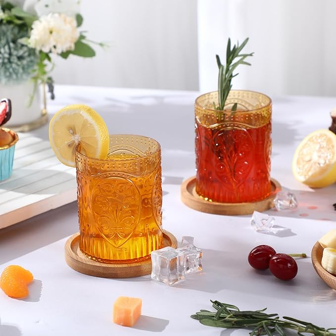 Qinyoung 12 Plastic Vintage Drinking Glasses 8.5oz Stemless Retro Embossed Wine Glasses Shatterproof Reusable Cups for Baby Shower Wedding Reception Grand Event Party (Yellow)