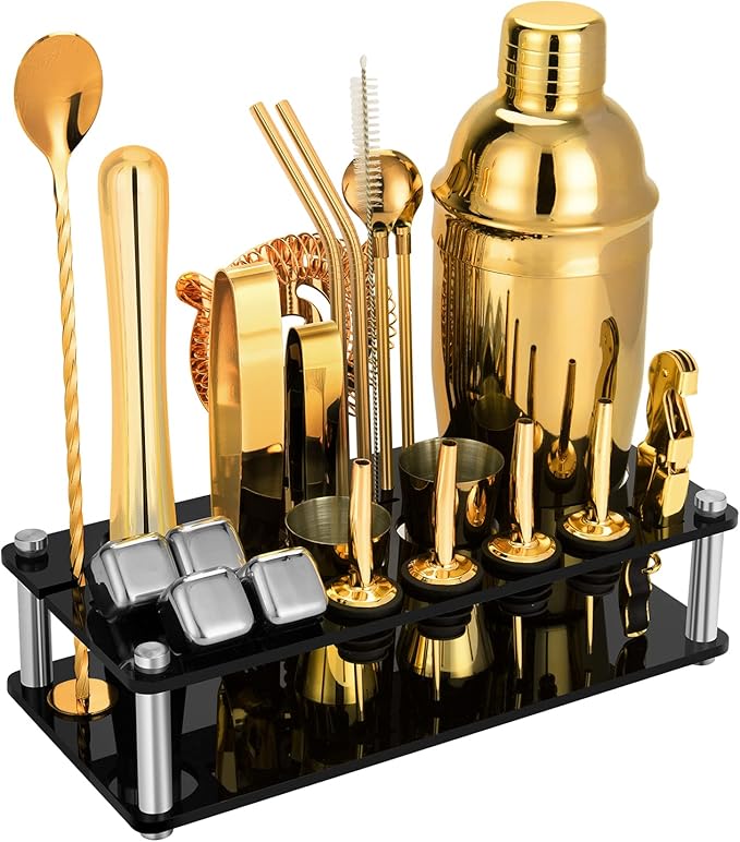 23 Piece Cocktail Shaker Set Bartender Kit with Acrylic Stand & Cocktail Recipes Booklet, Professional Bar Tools for Drink Mixing, Home, Bar, Party (Include 4 Whiskey Stones) - Gold