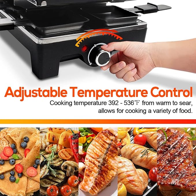 Raclette Table Grill, CUSIMAX Electric Grill, Indoor Grill Korean BBQ Grill With 2 in 1 Reversible Non-stick Plate, Crepe Maker with Adjustable temperature control, 8 Raclette Pans & Wooden Spatulas