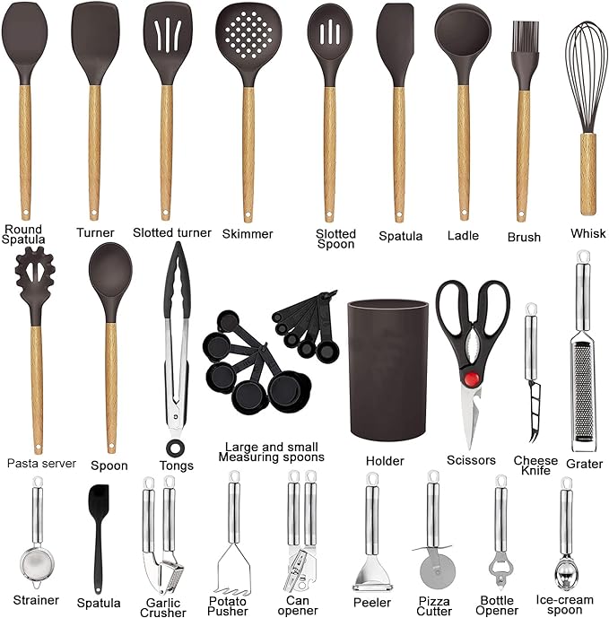Cooking Utensils Set- 35 PCs Kitchen Utensils with Grater,Tongs, Spoon Spatula &Turner Made of Heat Resistant Food Grade Silicone and Wooden Handles Kitchen Gadgets Tools Set for Cookware