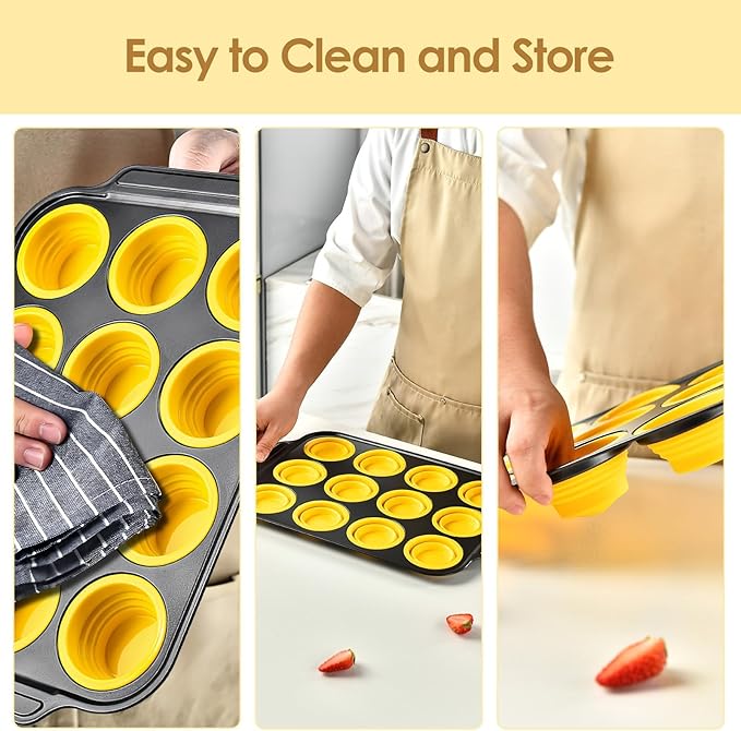 12 Cups Silicone Muffin Pans for Baking with Metal Frame, Egg Bite Molds, Cupcake Pans Regular Size, Muffin Tins Easy to Pop Nonstick Non Toxic Bakeware for Oven Dishwasher Safe
