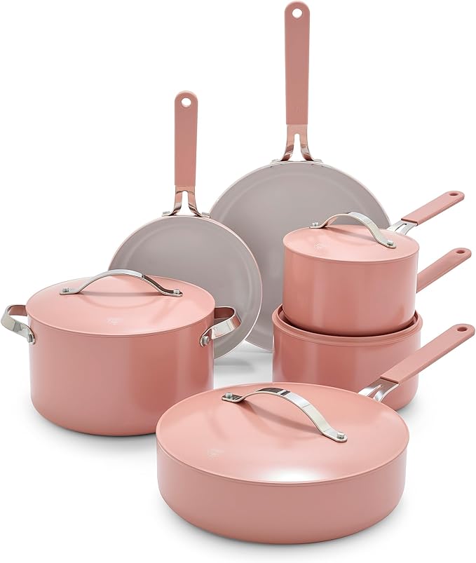 GreenLife 10-Piece Nonstick Ceramic Cookware Set, Lightweight Healthy PFAS-Free Pots & Pans with Lids, Dishwasher & Oven Safe, Durable Body, Silicone Stay-Cool Handles, Easy Release, Pink