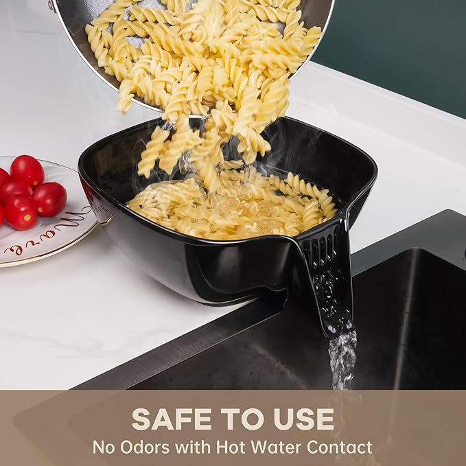 NiHome Ceramic Food Strainer with Integrated Drain Spout, Large Capacity Colander Bowl for Vegetables, Fruits, Pasta & More, Heat-Resistant, Crack-Proof, Easy to Clean, Dishwasher-Safe (Black)