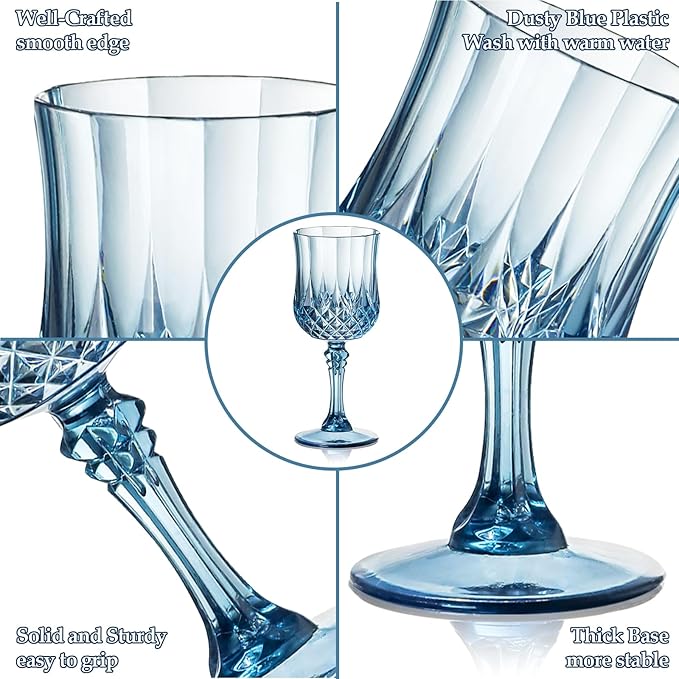 XUWAIDSGN 7oz Plastic Vintage Wine Glasses Drinking Glasses Unbreakable Wedding Glassware Crystal Water Goblets Reusable Drinkware Vintage Champagne Flutes (48, Blue)